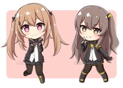 Rule 34 | 2girls, black bow, black footwear, black gloves, black jacket, black pantyhose, black ribbon, black skirt, blush, boots, bow, brown background, brown eyes, brown hair, chibi, closed mouth, commission, cross-laced footwear, dress shirt, girls&#039; frontline, gloves, grin, hair bow, hair ornament, hairclip, hands up, hood, hood down, hooded jacket, index finger raised, jacket, knee boots, lace-up boots, light brown hair, long hair, long sleeves, looking at viewer, multiple girls, neck ribbon, one side up, open clothes, open jacket, pantyhose, pleated skirt, ribbon, rynzfrancis, shirt, sidelocks, skirt, smile, standing, standing on one leg, twintails, twitter username, two-tone background, ump45 (girls&#039; frontline), ump9 (girls&#039; frontline), very long hair, watermark, white background, white shirt