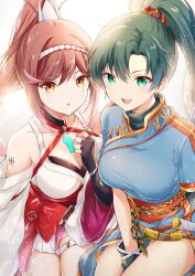 Rule 34 | 2girls, bare shoulders, blue dress, breasts, chest jewel, cleavage, commission, core crystal (xenoblade), criss-cross halter, detached sleeves, dress, earrings, fingerless gloves, fire emblem, fire emblem: the blazing blade, glimmer (xenoblade), gloves, green eyes, green hair, hairband, halterneck, high ponytail, highres, japanese clothes, jewelry, kimono, large breasts, long hair, lyn (fire emblem), multiple girls, nintendo, obi, open mouth, ponytail, red hair, rope belt, sash, skeb commission, smile, swept bangs, sword, two-tone hairband, ui frara, weapon, white kimono, xenoblade chronicles (series), xenoblade chronicles 3, xenoblade chronicles 3: future redeemed
