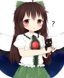 Rule 34 | 1girl, :o, ?, ahoge, animal, bad id, bad pixiv id, bird wings, blouse, blush, bow, breasts, brown hair, cape, cat, cowboy shot, feathered wings, green skirt, hair between eyes, hair bow, holding, holding animal, holding cat, kaenbyou rin, kaenbyou rin (cat), long hair, looking at viewer, poco (zdrq3), puffy short sleeves, puffy sleeves, red eyes, reiuji utsuho, shirt, short sleeves, simple background, skirt, small breasts, solo, space print, starry sky print, third eye, touhou, white background, white shirt, wings