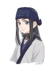 Rule 34 | 1girl, asirpa, black hair, blue eyes, blue headband, closed mouth, cropped torso, earrings, golden kamuy, grey kimono, headband, japanese clothes, jewelry, kimono, long hair, looking at viewer, simple background, smile, solo, white background, yasumi (yyysm a)