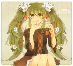Rule 34 | 1girl, :q, bare shoulders, flower, food, food-themed hair ornament, fruit, green eyes, green hair, hair flower, hair ornament, hatsune miku, long hair, matching hair/eyes, shiroroko, sitting, skirt, smile, solo, strawberry, strawberry blossoms, strawberry hair ornament, tongue, tongue out, twintails, vocaloid