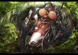 Rule 34 | 1girl, abs, axe, bikini, breasts, cameltoe, curvy, dark skin, dark-skinned female, covered erect nipples, female focus, gond, grey hair, hair ornament, highres, huge breasts, long hair, micro bikini, pixiv fantasia, pixiv fantasia t, smile, solo, swimsuit, thick thighs, thighhighs, thighs, weapon, wide hips, yellow eyes