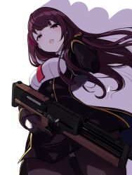 Rule 34 | 1girl, bipod, black pantyhose, black skirt, blazer, blush, breasts, bullpup, floating hair, framed breasts, girls&#039; frontline, gloves, gun, hair ribbon, half updo, hand up, high-waist skirt, highres, holding, holding gun, holding weapon, jacket, large breasts, long hair, looking at viewer, necktie, nino (shira), one side up, open mouth, pantyhose, purple hair, red eyes, red necktie, ribbon, rifle, shirt, simple background, skirt, sniper rifle, solo, v-shaped eyebrows, very long hair, wa2000 (girls&#039; frontline), walther, walther wa 2000, weapon