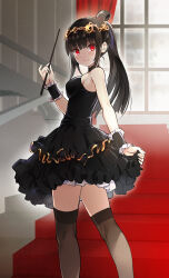 Rule 34 | 1girl, bare shoulders, black dress, black hair, black thighhighs, breasts, character request, closed mouth, commentary, copyright request, detached sleeves, dress, feet out of frame, frilled sleeves, frills, gold trim, halter dress, halterneck, hand up, holding, holding wand, indoors, long hair, looking at viewer, medium breasts, nyoro (nyoronyoro000), ponytail, red carpet, red curtains, red eyes, sidelocks, smile, solo, stairs, thighhighs, tiara, wand, window