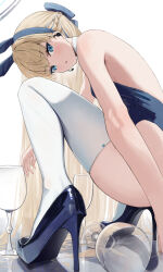 Rule 34 | 1girl, absurdres, animal ears, bare shoulders, blonde hair, blue archive, blue bow, blue eyes, blue footwear, blue leotard, bow, braid, cup, drinking glass, french braid, hair bow, hidulume, high heels, highres, leotard, long hair, looking at viewer, playboy bunny, rabbit ears, solo, squatting, thighhighs, toki (blue archive), white thighhighs, wine glass