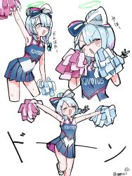 Rule 34 | 1girl, absurdres, armpits, arona (blue archive), blue archive, blue eyes, blue hair, blue skirt, blush, braid, cheering, cheerleader, closed eyes, eggrice v, green halo, halo, highres, holding, holding pom poms, multiple views, official alternate costume, open mouth, pleated skirt, pom pom (cheerleading), pom poms, short hair, simple background, single braid, skirt, smile, twitter username, white background