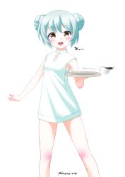 Rule 34 | 1girl, alternate costume, blue hair, china dress, chinese clothes, coffee, cup, double bun, dress, feet out of frame, highres, kantai collection, kaze makase, looking at viewer, open mouth, samuel b. roberts (kancolle), short hair, simple background, smile, solo, spill, standing, tray, twitter username, white background, white dress, yellow eyes