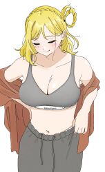 1girl blonde_hair blush bra braid brand_name_imitation breasts brown_coat calvin_klein cleavage closed_eyes coat commentary crown_braid dunchy grey_bra grey_pants hair_rings highres large_breasts love_live! love_live!_sunshine!! medium_hair navel ohara_mari pants smile sweatpants symbol-only_commentary underwear undressing white_background