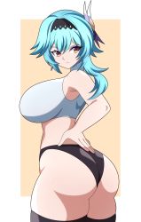 Rule 34 | 1girl, absurdres, abysswatchers, ass, bare shoulders, blue hair, breasts, eula (genshin impact), from behind, genshin impact, hair ornament, hairband, highres, huge ass, large breasts, long hair, looking back, orange eyes, shiny clothes, shiny skin, shirt, short shorts, shorts, sideboob, solo, thick thighs, thighhighs, thighs