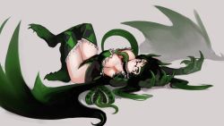 Rule 34 | 1girl, animal hands, black hair, breasts, breasts apart, claws, commentary, dragon girl, dragon wings, english commentary, fusion, glasses, gradient hair, green eyes, green hair, grey background, highres, jabberwock (monster girl encyclopedia), large breasts, looking at viewer, monster girl, monster girl encyclopedia, monsterification, multicolored hair, original, paintrfiend, rectangular eyewear, simple background, smile, solo, tharkis, twintails, wings
