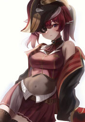 Rule 34 | 1girl, absurdres, arrow through heart, ascot, black choker, black coat, black hat, black thighhighs, blush, breasts, choker, coat, covered navel, cropped jacket, eyepatch, frilled choker, frills, hair ribbon, harusame soup, hat, highres, hololive, houshou marine, houshou marine (1st costume), jacket, large breasts, leotard, leotard under clothes, long hair, looking at viewer, pirate hat, red ascot, red coat, red eyes, red hair, red jacket, red ribbon, red skirt, ribbon, skirt, sleeveless, sleeveless jacket, solo, thighhighs, twintails, two-sided coat, two-sided fabric, virtual youtuber, white background