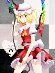 Rule 34 | 1girl, ascot, blonde hair, bow, checkered background, flandre scarlet, hat, hat bow, highres, kurone, laevatein, looking back, red eyes, side ponytail, solo, touhou, wings