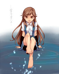 Rule 34 | 10s, 1girl, arashio (kancolle), arm support, arm warmers, barefoot, bike shorts, brown eyes, brown hair, feet, kantai collection, leg up, long hair, looking at viewer, misaki juri, pleated skirt, school uniform, sitting, sitting on water, skirt, smile, solo, suspenders