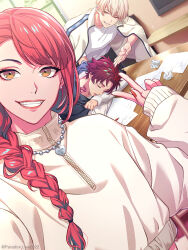 Rule 34 | 1other, 2boys, anne faulkner, bae (paradox live), highres, long hair, long sleeves, looking at viewer, multiple boys, official alternate costume, official art, paradox live, pink hair, red hair, red lips, red nails, sugasano allen, v, yellow eyes, yeon hajun