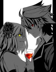 Rule 34 | 1girl, choker, cup, drinking glass, fate/apocrypha, fate/grand order, fate (series), flower, hair flower, hair ornament, holding, jeanne d&#039;arc (fate), jeanne d&#039;arc alter (avenger) (fate), jeanne d&#039;arc alter (fate), looking at viewer, monochrome, red eyes, short hair, sieg (fate), smile, wine glass, yellow eyes, yona (illusty0na)