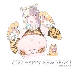 Rule 34 | 2022, 2girls, animal ear fluff, animal ears, animal hands, animal print, aqua eyes, aqua hair, areola slip, armpits, artist name, bare shoulders, bikini, black hair, blonde hair, breasts, brown hair, chinese zodiac, choker, claws, elbow gloves, english text, eyelashes, eyepatch bikini, fang, fur-trimmed choker, fur trim, gloves, hair ornament, hairband, happy new year, heterochromia, highres, large breasts, long hair, looking at another, multicolored hair, multiple girls, new year, no mouth, open mouth, orange gloves, original, pink eyes, purple hair, red hair, simple background, sketch, skindentation, sweat, swimsuit, teeth, tiger ears, tiger print, tongue, turtleneck, upper body, upper teeth only, white background, xiangzi box, year of the tiger