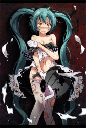Rule 34 | 1girl, ace (playing card), ace of diamonds, ace of spades, aqua hair, bare shoulders, blush, card, checkered clothes, checkered dress, covering breasts, covering privates, diamond (shape), dirty, dress, embarrassed, gloves, hair ribbon, hat, hatsune miku, holding, holding clothes, holding hat, long hair, orange eyes, pantyhose, pillarboxed, playing card, project diva (series), project diva x, red background, ribbon, solo, spade (shape), striped clothes, striped pantyhose, top hat, torn clothes, torn dress, torn gloves, torn hat, torn pantyhose, tsukishiro saika, twintails, unworn hat, unworn headwear, vertical-striped clothes, vertical-striped pantyhose, vocaloid, white dress, white gloves, white pantyhose