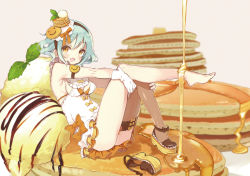 Rule 34 | 1girl, :d, bare shoulders, barefoot, blouse, blue hair, blurry, bow, bra strap, breasts, brown eyes, butter, depth of field, fang, food, gloves, hair ornament, hairband, hands on own knees, ice cream, in food, knees up, leg up, looking at viewer, mary janes, mini person, minigirl, miniskirt, mint, miyoshino, open mouth, original, pancake, platform footwear, shirt, shoes, short hair, sideboob, single shoe, single thighhigh, sitting, skirt, sleeveless, small breasts, smile, solo, syrup, thighhighs, white gloves, white shirt