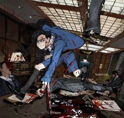Rule 34 | 5boys, artist name, axe, bad id, bad twitter id, bent over, black footwear, black hair, black socks, black suit, blazer, blood, blood on face, blood splatter, blue jacket, blue shorts, board room, closed mouth, copyright name, desk lamp, dress shoes, dutch angle, formal, full body, glass ceiling, gomibaketsu3, grey eyes, hatchet (axe), highres, holding, holding axe, indoors, jacket, kneehighs, lamp, long sleeves, long table, looking at viewer, male focus, multiple boys, murder, number five (the umbrella academy), on table, paper, pool of blood, running, school uniform, short hair, shorts, smirk, socks, suit, table, the umbrella academy, through ceiling