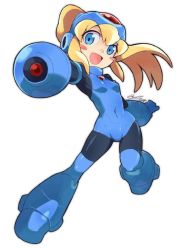 Rule 34 | 1girl, android, arm cannon, blonde hair, blue eyes, blue headwear, blush, bodysuit, boots, flat chest, helmet, long hair, looking at viewer, navel, open mouth, rokko-chan, rokko-chan (character), rokkochan, signature, simple background, skin tight, smile, solo, tagme, weapon, white background