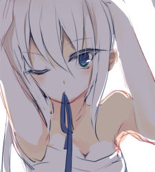 Rule 34 | 1girl, adjusting hair, bare arms, bare shoulders, blue eyes, blush, hair ribbon, long hair, mononobe no futo, mouth hold, one eye closed, ribbon, sarashi, simple background, solo, touhou, tying hair, upper body, white background, white hair, wink, yetworldview kaze