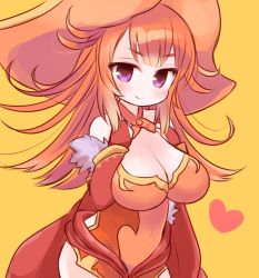 Rule 34 | 1girl, bad id, bad pixiv id, bare shoulders, blush, breasts, cleavage, covered navel, dress, fur trim, hat, heart, laila (p&amp;d), large breasts, long hair, lyra (p&amp;d), mashiro miru, no nose, orange dress, orange hair, purple eyes, puzzle &amp; dragons, simple background, smile, solo, wizard hat, yellow background