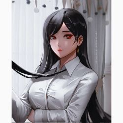 Rule 34 | 1girl, arm under breasts, black hair, black necktie, border, collared shirt, commentary, earrings, english commentary, final fantasy, final fantasy vii, highres, jewelry, long hair, long sleeves, looking at viewer, necktie, notgustiarp, red eyes, red lips, shirt, solo, swept bangs, tifa lockhart, upper body, white border, white shirt