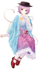 Rule 34 | 1girl, absurdres, alternate costume, blouse, blue cape, blue skirt, breasts, brown headwear, cape, collared shirt, eyeball, frilled shirt collar, frilled skirt, frills, gradient skirt, hairband, hat, heart, heart of string, highres, jewelry, komeiji satori, long skirt, long sleeves, necklace, pantyhose, pearl necklace, pink eyes, pink hair, pink skirt, red footwear, shirt, short hair, skirt, small breasts, thighhighs, third eye, touhou, white cape, white pantyhose, white shirt, wide sleeves, zhangyunhah