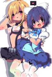 2girls arm_hug blonde_hair blue_hair blue_skirt blush_stickers bow copyright_request dangomushi drop_shadow elbow_blush hand_on_another&#039;s_waist long_sleeves looking_at_viewer multiple_girls navel open_mouth short_hair short_sleeves skirt thighhighs white_background white_bow white_thighhighs