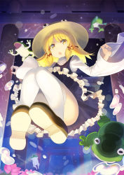 Rule 34 | 1girl, :o, ass, black footwear, blonde hair, blouse, brown hat, commentary request, dress, eyelashes, eyes visible through hair, falken (yutozin), flower, frills, frog, from below, full body, hair ribbon, hands up, hat, highres, knees up, long sleeves, looking at viewer, medium hair, moriya suwako, open mouth, parted bangs, pink flower, purple dress, red ribbon, ribbon, shirt, shoes, sidelocks, solo, thighhighs, thighs, torii, touhou, water drop, white shirt, white thighhighs, wide sleeves, yellow eyes