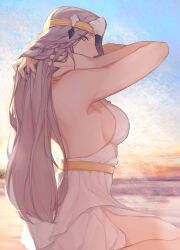 Rule 34 | 1girl, alternate form, bare arms, bare shoulders, belt, blue sky, breasts, bright pupils, chinese commentary, circlet, commentary request, covered mouth, dress, feet out of frame, final fantasy, final fantasy xiv, from side, green eyes, grey hair, hands in own hair, highres, large breasts, llymlaen, long hair, looking at viewer, looking back, medium breasts, outdoors, pink pupils, seiza, sideboob, sitting, sky, sleeveless, sleeveless dress, solo, sunset, white dress, wo dou gao shi&#039;er shennu