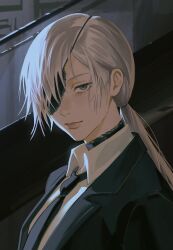 Rule 34 | 1girl, absurdres, black choker, black jacket, black necktie, black suit, chainsaw man, choker, collared shirt, eyepatch, formal, from side, grey eyes, grey hair, highres, jacket, lace-trimmed choker, lace trim, light smile, long hair, looking at viewer, low ponytail, necktie, one eye covered, portrait, quanxi (chainsaw man), shirt, solo, suit, swept bangs, uqi32, white shirt