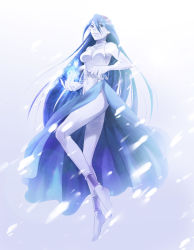 Rule 34 | 00s, 1girl, ankle cuffs, bad id, bad pixiv id, barefoot, blue dress, blue eyes, blue hair, blue theme, celestial s, celsius, celsius (tales), dress, floating, full body, hairband, highres, ice, legs, long hair, matching hair/eyes, navel, pale skin, pointy ears, sleeveless, snow, solo, tales of (series), tales of eternia, white background