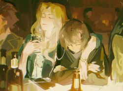 1boy 1girl arm_around_shoulder bar_(place) bottle bracelet classicaloid closed_eyes closed_mouth cup earphones eyelashes franz_liszt_(classicaloid) frederic_chopin_(classicaloid) highres holding holding_cup indoors jewelry long_hair octahooves shared_earphones