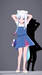 Rule 34 | 1girl, 3d, animal ears, animated, audible music, bag, bare legs, blue dress, blue eyes, blue hair, cat ears, cube hair ornament, dancing, dress, drop shadow, female focus, fins, fish tail, full body, gawr gura, gawr gura (casual), grey background, hair ornament, highres, hololive, hololive english, legs apart, me!me!me! dance (meme), meme, multicolored hair, official alternate costume, open mouth, overall dress, sandals, shadow, shark girl, shark tail, shirt, shoulder bag, side ponytail, sidelocks, simple background, smile, sound, standing, streaked hair, tail, two-tone hair, video, virtual youtuber, white hair, white shirt