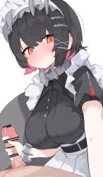 1boy 1girl bar_censor black_hair blush breasts censored closed_mouth ellen_joe erection hair_ornament handjob highres large_breasts looking_at_viewer maid maid_headdress mikozin mole mole_on_arm mole_under_eye multicolored_hair penis red_eyes red_hair short_hair two-tone_hair x_hair_ornament zenless_zone_zero