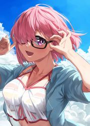 Rule 34 | 1girl, absurdres, adjusting eyewear, amami tokko, arms up, bikini, black-framed eyewear, blue jacket, blue sky, breasts, cloud, collarbone, commentary request, day, fate/grand order, fate (series), floating hair, glasses, hair over one eye, highres, hood, hood down, hooded jacket, jacket, large breasts, looking at viewer, mash kyrielight, mash kyrielight (swimsuit of perpetual summer ver.02), multicolored bikini, multicolored clothes, multicolored swimsuit, official alternate costume, one eye covered, open clothes, open jacket, open mouth, outdoors, pink hair, purple eyes, see-through, short hair, sky, smile, solo, striped bikini, striped clothes, swimsuit, upper body