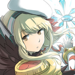 Rule 34 | 1girl, bangle, blonde hair, bow, bracelet, brown eyes, commentary request, detached sleeves, fur collar, hair bow, hat, headphones, ice, jewelry, long hair, looking at viewer, looking back, magic, natsuya (kuttuki), open mouth, ragnarok online, red bow, sailor hat, simple background, solo, sorcerer (ragnarok online), upper body, white background, white hat, white sleeves