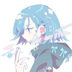 Rule 34 | 1girl, blue eyes, blue hair, blue nails, bob cut, candy, ear piercing, expressionless, food, from side, highres, holding, holding candy, holding food, holding lollipop, hood, hoodie, lollipop, mask, matabeku, mouth mask, original, pastel colors, piercing, portrait, profile, smoke trail, smoking, solo, surgical mask, white background