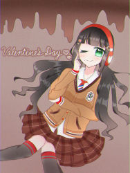 Rule 34 | 1girl, ;), alternate hairstyle, artist name, artist request, badge, black hair, black legwear, blunt bangs, breasts, brown jacket, brown skirt, buttons, checkered clothes, checkered skirt, clothes writing, collared shirt, curly hair, female focus, green eyes, hair ornament, hairclip, hand on elbow, headphones, heart, heart hair ornament, jacket, kurosawa dia, long hair, long sleeves, looking at viewer, love live!, love live! school idol festival, love live! sunshine!!, miniskirt, mole, mole under mouth, necktie, one eye closed, plaid, plaid skirt, pleated, pleated skirt, pocket, red necktie, shirt, skirt, small breasts, smile, solo, star (symbol), star print, striped necktie, striped neckwear, twintails, valentine, white shirt, wing collar, wink