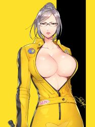 Rule 34 | 10s, 1girl, arm at side, beatrix kiddo, beatrix kiddo (cosplay), black background, breasts, brown eyes, bruce lee&#039;s jumpsuit, cleavage, collarbone, cosplay, hair bun, holding, holding sword, holding weapon, kill bill, large breasts, long sleeves, looking at viewer, neck, no bra, open clothes, parody, parted bangs, parted lips, pink lips, prison school, redrop, shiny skin, shiraki meiko, short hair, signature, single hair bun, solo, sparkle, sword, two-tone background, upper body, weapon, yellow background