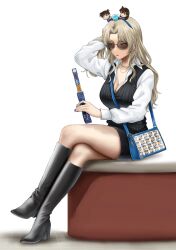 Rule 34 | 1girl, bag, black footwear, black skirt, blonde hair, blue hairband, boots, breasts, character doll, cleavage, closed mouth, commentary request, crossed legs, full body, hairband, hand up, handbag, highres, kudou shin&#039;ichi, large breasts, long hair, long sleeves, meitantei conan, mouri ran, red lips, shirt, simple background, sitting, skirt, solo, sunglasses, thigh boots, tsukumo momo, vermouth (meitantei conan), white background, white shirt