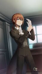 Rule 34 | 1girl, absurdres, alternate hairstyle, blue eyes, brown hair, butler, chair, collared shirt, copyright name, cowboy shot, desk, female butler, glove in mouth, gloves, highres, huke, long sleeves, looking at viewer, makise kurisu, mouth hold, neck ribbon, official art, pants, ponytail, ribbon, shirt, short hair, solo, standing, steins;gate, tuxedo, watermark, white gloves, window