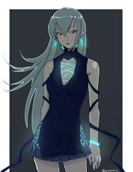 Rule 34 | 10s, 1girl, adapted costume, blue dress, blue lips, blue ribbon, breasts, cleavage, cleavage cutout, clothing cutout, collarbone, contrapposto, cowboy shot, dress, earrings, glowing, glowing bracelet, glowing earrings, glowing strings, grey background, grey hair, highres, idolmaster, idolmaster cinderella girls, jewelry, lipstick, long hair, looking at viewer, makeup, neon trim, outline, ribbon, skirt, solo, standing, takamine noa, twitter username, very long hair, watanukin (etson122127)