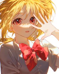 Rule 34 | 1girl, blonde hair, bocchi the rock!, bow, bowtie, collared shirt, highres, ijichi nijika, long hair, looking at viewer, open mouth, polka dot, polka dot bow, pong (pong o0), red bow, red bowtie, red eyes, shirt, short sleeves, side ponytail, simple background, smile, solo, upper body, white background, white shirt