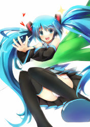 Rule 34 | 1girl, :d, aqua eyes, aqua hair, boots, detached sleeves, hatsune miku, highres, long hair, mushiboy, necktie, open mouth, panties, pantyshot, simple background, skirt, smile, solo, spring onion, thigh boots, thighhighs, twintails, underwear, upskirt, very long hair, vocaloid, white background