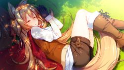 Rule 34 | 1girl, animal ears, black gloves, boots, closed eyes, female focus, fox ears, fox girl, fox tail, from above, game cg, gloves, grass, hairband, kokusan moyashi, legs together, long hair, lying, orange ribbon, own hands together, ribbon, rico terra, short sleeves, shorts, sleeping, solo, tail, tou no shita no exercitus