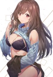 Rule 34 | 1girl, absurdres, ass, black skirt, blue bra, blue panties, blue sweater, blush, bra, breasts, brown eyes, brown hair, cleavage, closed mouth, clothes lift, clothing cutout, hand in own hair, highres, hip focus, idolmaster, idolmaster shiny colors, large breasts, lifted by self, long hair, long sleeves, looking at viewer, panties, ribbed sweater, scan, shoulder cutout, skirt, skirt lift, sola (solo0730), solo, sweater, sweater lift, swept bangs, tsukioka kogane, turtleneck, turtleneck sweater, underwear, white background