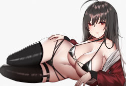 Rule 34 | 1girl, ahoge, alternate hairstyle, azur lane, bad id, bad pixiv id, bare shoulders, bikini, black hair, black thighhighs, blush, breasts, cleavage, collarbone, gluteal fold, groin, hair between eyes, hand on own thigh, highres, huge breasts, jacket, large breasts, long hair, long sleeves, looking at viewer, lying, micro bikini, navel, off shoulder, official alternate costume, on side, open clothes, open jacket, open mouth, race queen, red eyes, red jacket, siu (siu0207), solo, swimsuit, taihou (azur lane), taihou (enraptured companion) (azur lane), thighhighs, thighs, white background