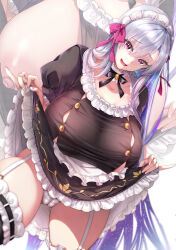 Rule 34 | 1girl, absurdres, alternate costume, apron, black dress, black thighhighs, breasts, breasts out, cameltoe, cleft of venus, clothes lift, detached collar, dress, dress lift, enmaided, fate/grand order, fate (series), frilled apron, frilled dress, frills, garter straps, grey hair, hair ribbon, hatori mia, highres, huge breasts, kama (fate), lifting own clothes, long hair, maid, maid apron, maid headdress, nipples, panties, puffy short sleeves, puffy sleeves, purple eyes, purple ribbon, ribbon, short sleeves, thighhighs, underwear, very long hair, waist apron, white apron, white panties, zoom layer